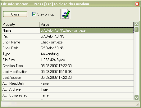 Capture d'écran de la fenêtre des informations détaillées d'un fichier